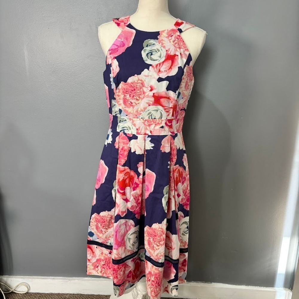 Eliza J Navy Pink Floral Wedding Guest Dress Fit Flare Cutout Back Chic Garden